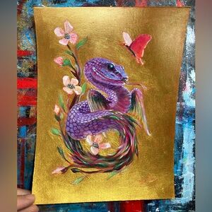 Original Dragon painting snake flying serpent handmade art gold accents Ettina